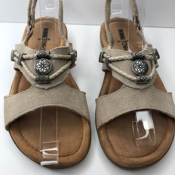 Minnetonka Women Sliver Beaded Tan Leather Sling Back Sandals Size 5W - Picture 4 of 12